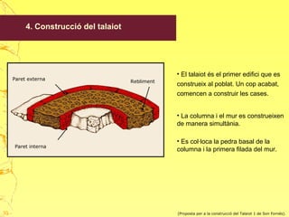 4. Construcció del talaiot
Paret interna
Paret externa
Rebliment
• La columna i el mur es construeixen
de manera simultània.
• Es col·loca la pedra basal de la
columna i la primera filada del mur.
• El talaiot és el primer edifici que es
construeix al poblat. Un cop acabat,
comencen a construir les cases.
(Proposta per a la construcció del Talaiot 1 de Son Fornés).30
 