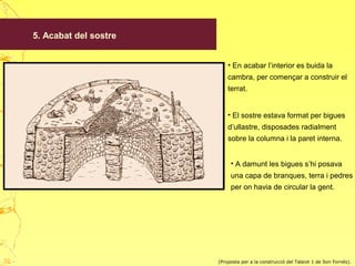 • En acabar l’interior es buida la
cambra, per començar a construir el
terrat.
• El sostre estava format per bigues
d’ullastre, disposades radialment
sobre la columna i la paret interna.
• A damunt les bigues s’hi posava
una capa de branques, terra i pedres
per on havia de circular la gent.
(Proposta per a la construcció del Talaiot 1 de Son Fornés).
5. Acabat del sostre
32
 