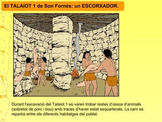 El TALAIOT 1 de Son Fornés: un ESCORXADOR.
Durant l’excavació del Talaiot 1 es varen trobar restes d’ossos d’animals
(sobretot de porc i bou) amb traces d’haver estat esquarterats. La carn es
repartia entre els diferents habitatges del poblat.
41
 