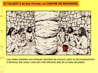 El TALAIOT 2 de Son Fornés: un CENTRE DE REUNIONS.
Les restes trobades ens indiquen activitats de consum, però no de processament
d’aliments. Els vasos i bols són molt diferents dels de la resta del poblat.
42
 