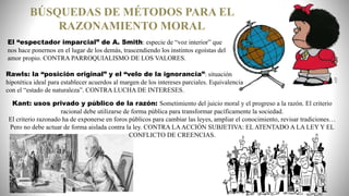 El “espectador imparcial” de A. Smith: especie de “voz interior” que
nos hace ponernos en el lugar de los demás, trascendiendo los instintos egoístas del
amor propio. CONTRA PARROQUIALISMO DE LOS VALORES.
Rawls: la “posición original” y el “velo de la ignorancia”: situación
hipotética ideal para establecer acuerdos al margen de los intereses parciales. Equivalencia
con el “estado de naturaleza”. CONTRA LUCHA DE INTERESES.
BÚSQUEDAS DE MÉTODOS PARA EL
RAZONAMIENTO MORAL
Kant: usos privado y público de la razón: Sometimiento del juicio moral y el progreso a la razón. El criterio
racional debe utilizarse de forma pública para transformar pacíficamente la sociedad.
El criterio razonado ha de exponerse en foros públicos para cambiar las leyes, ampliar el conocimiento, revisar tradiciones…
Pero no debe actuar de forma aislada contra la ley. CONTRA LAACCIÓN SUBJETIVA: EL ATENTADO A LA LEY Y EL
CONFLICTO DE CREENCIAS.
 