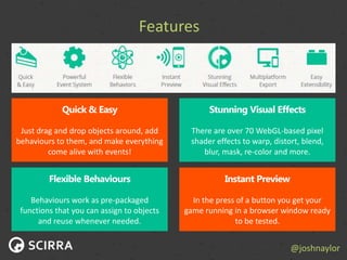 @joshnaylor
Features
Just drag and drop objects around, add
behaviours to them, and make everything
come alive with events!
There are over 70 WebGL-based pixel
shader effects to warp, distort, blend,
blur, mask, re-color and more.
Behaviours work as pre-packaged
functions that you can assign to objects
and reuse whenever needed.
In the press of a button you get your
game running in a browser window ready
to be tested.
 