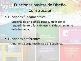 • Funciones fundamentales:
– Cubierta de un edificio para cumplir con el
requerimiento o función esencial de aislamiento
de la humedad.
• Funciones preferentes:
– Apariencia arquitectónica de la cubierta.
Funciones básicas de Diseño-
Construcción
 