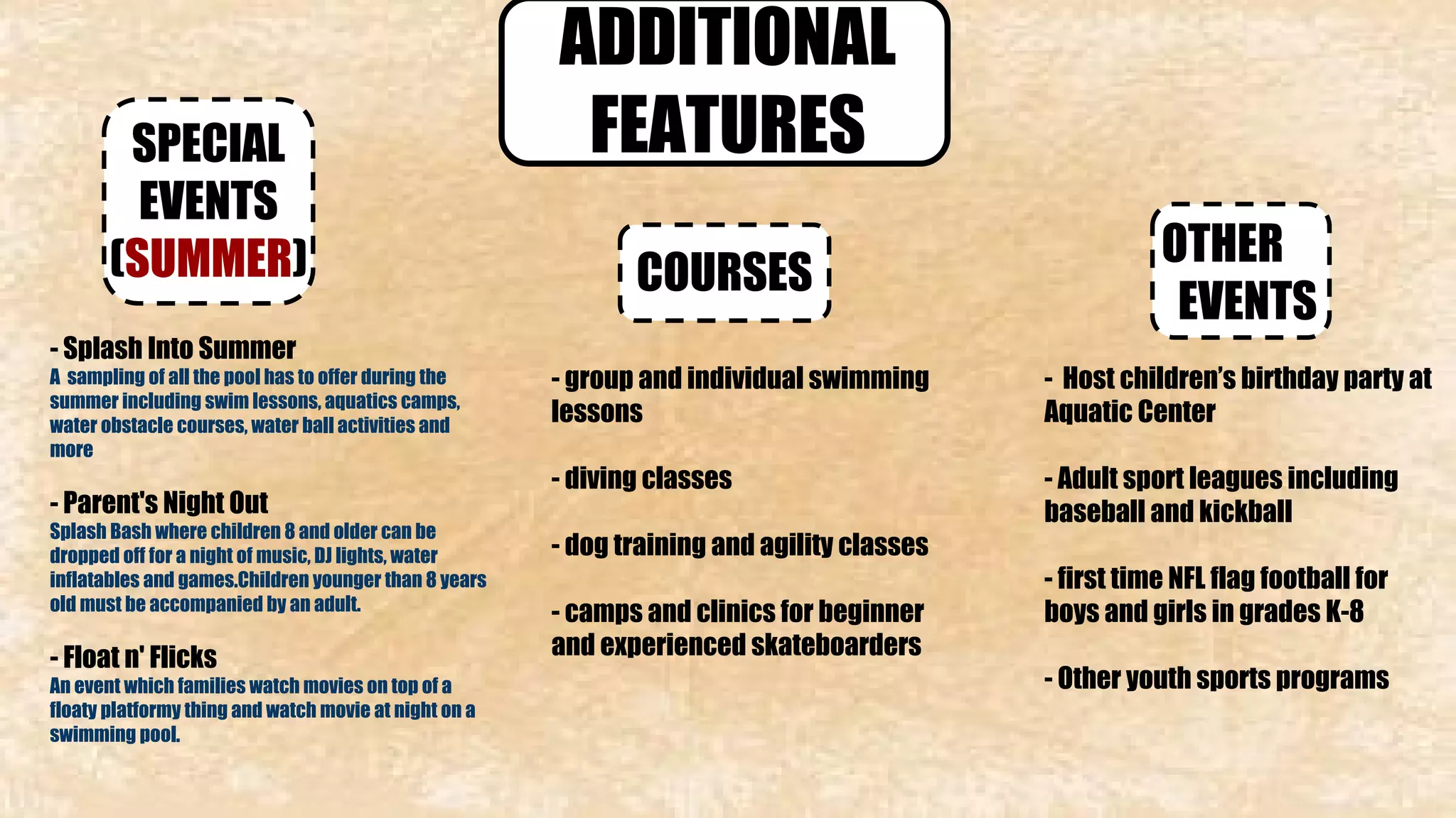 ADDITIONAL 
SPECIAL FEATURES 
EVENTS 
(SUMMER) COURSES OTHER 
EVENTS 
- Splash Into Summer 
A sampling of all the pool has to offer during the 
summer including swim lessons, aquatics camps, 
water obstacle courses, water ball activities and 
more 
- Parent's Night Out 
Splash Bash where children 8 and older can be 
dropped off for a night of music, DJ lights, water 
inflatables and games.Children younger than 8 years 
old must be accompanied by an adult. 
- Float n' Flicks 
An event which families watch movies on top of a 
floaty platformy thing and watch movie at night on a 
swimming pool. 
- group and individual swimming 
lessons 
- diving classes 
- dog training and agility classes 
- camps and clinics for beginner 
and experienced skateboarders 
- Host children’s birthday party at 
Aquatic Center 
- Adult sport leagues including 
baseball and kickball 
- first time NFL flag football for 
boys and girls in grades K-8 
- Other youth sports programs 
 