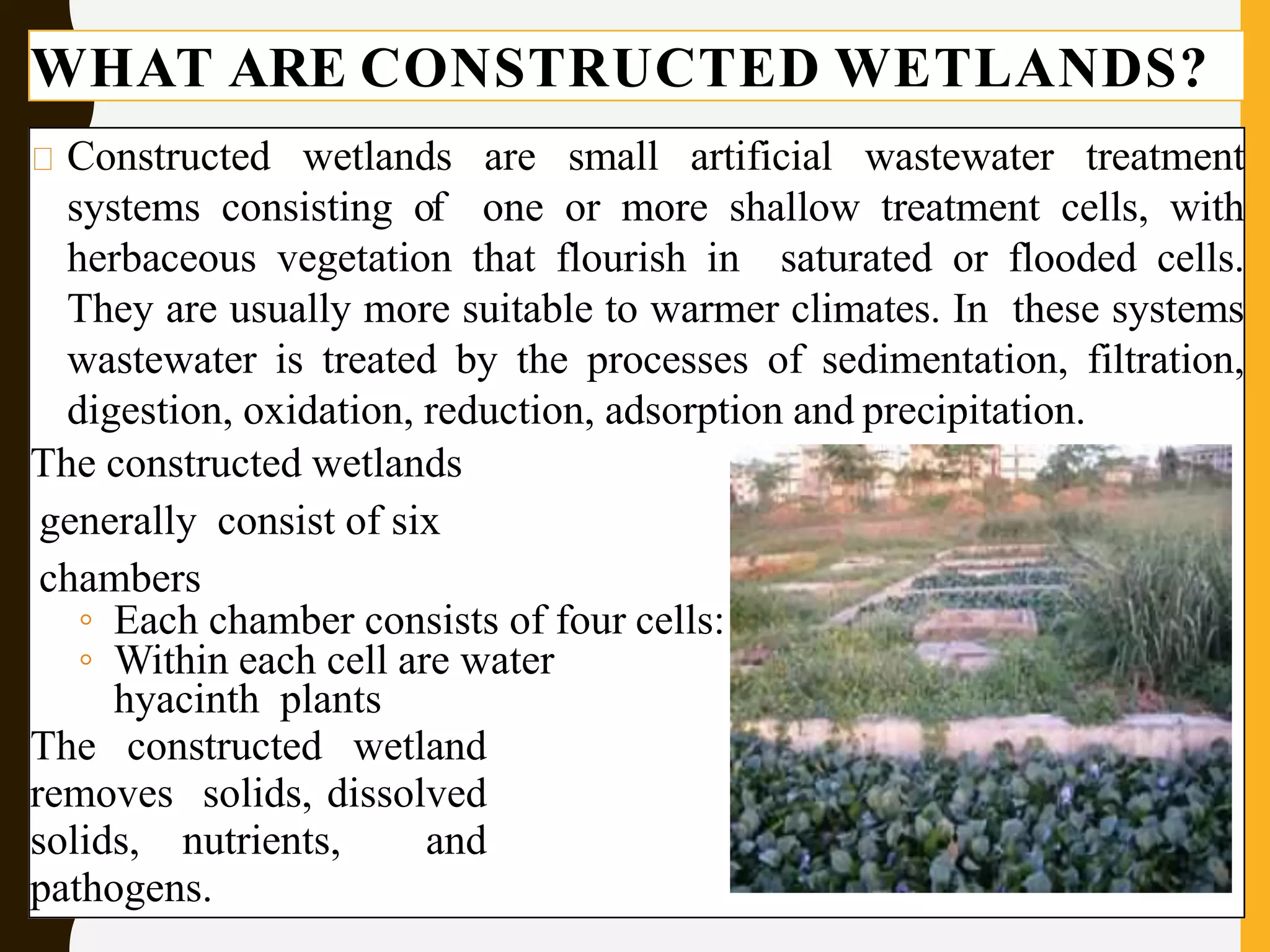 WHAT ARE CONSTRUCTED WETLANDS?
Constructed wetlands are small artificial wastewater treatment
systems consisting of one or more shallow treatment cells, with
herbaceous vegetation that flourish in saturated or flooded cells.
They are usually more suitable to warmer climates. In these systems
wastewater is treated by the processes of sedimentation, filtration,
digestion, oxidation, reduction, adsorption and precipitation.
The constructed wetlands
generally consist of six
chambers
◦ Each chamber consists of four cells:
◦ Within each cell are water
hyacinth plants
The constructed wetland
removes solids, dissolved
solids, nutrients, and
pathogens.
 