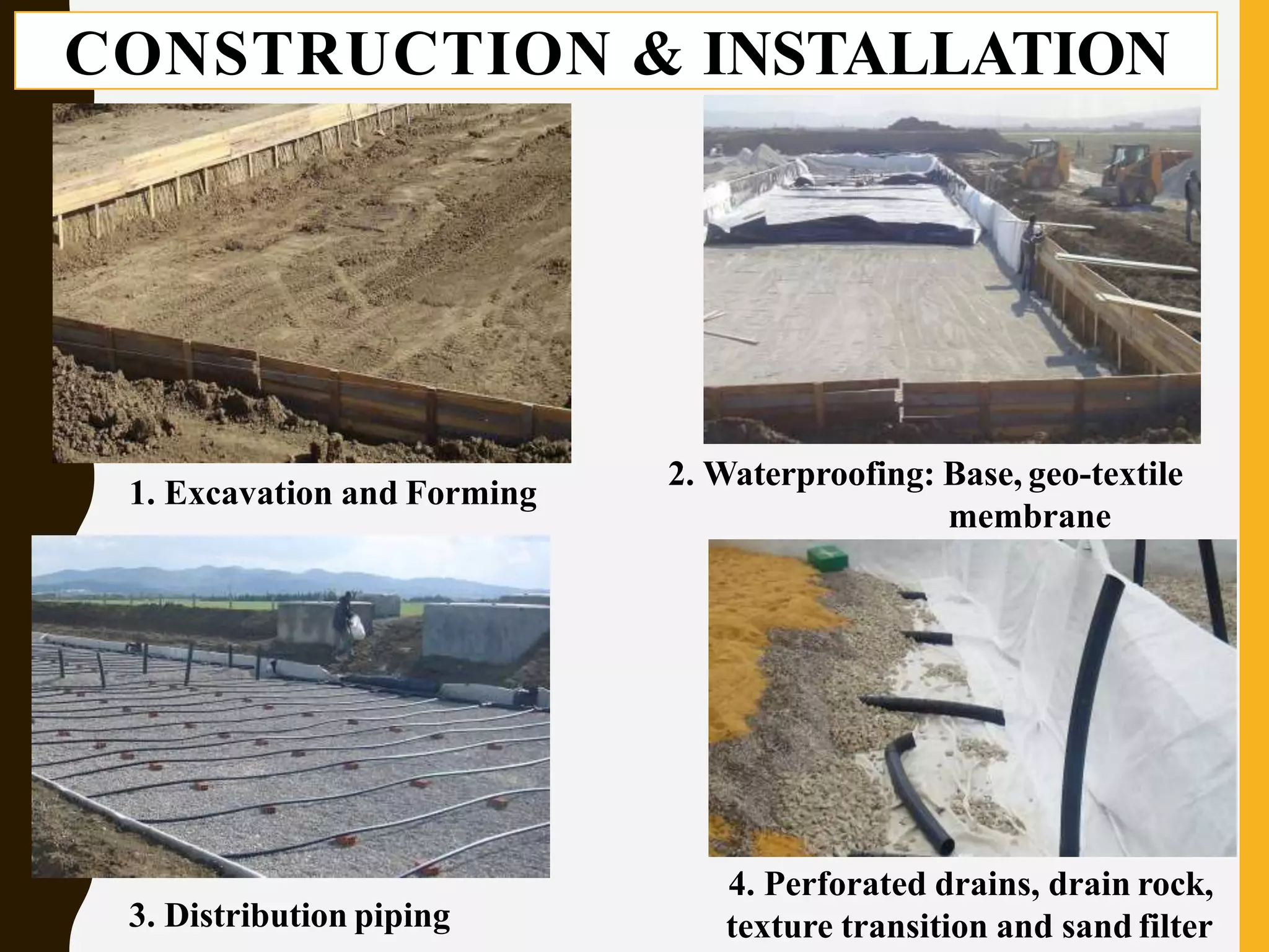 4. Perforated drains, drain rock,
texture transition and sand filter
1. Excavation and Forming
2. Waterproofing: Base, geo-textile
membrane
3. Distribution piping
CONSTRUCTION & INSTALLATION
 