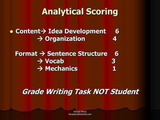 Analytical Scoring

   Content Idea Development            6
           Organization                4

    Format  Sentence Structure 6
           Vocab               3
           Mechanics           1


     Grade Writing Task NOT Student

                      Hanadi Mirza
                  hanadym@hotmail.com
 