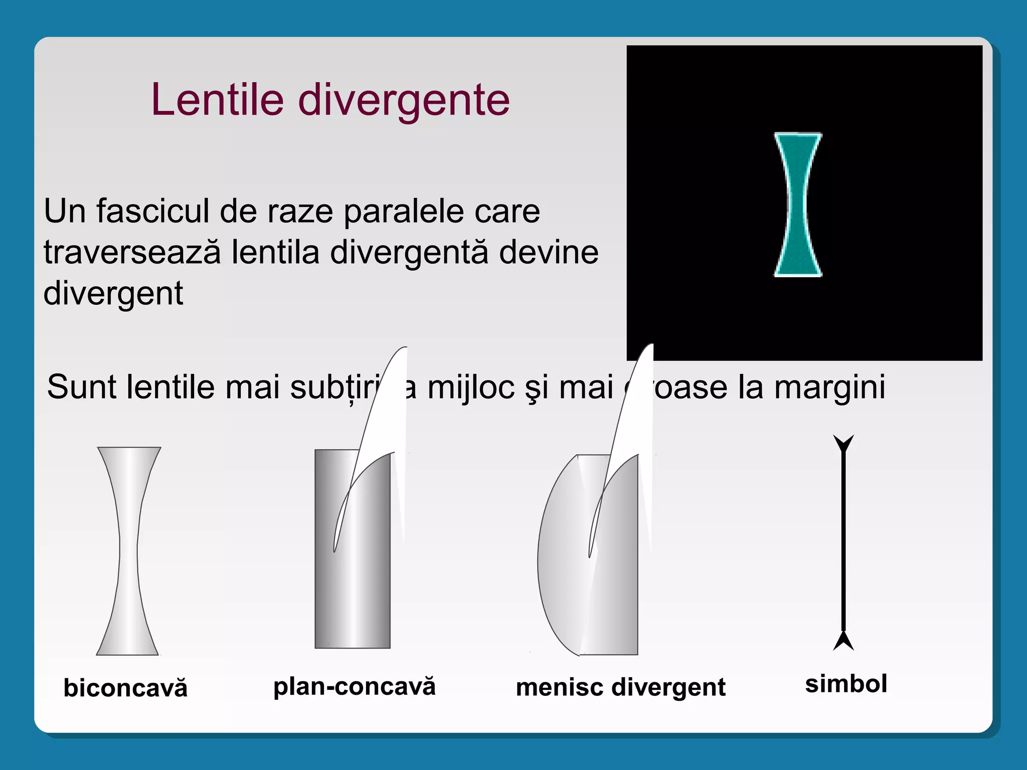 Lentile divergente
Un fascicul de raze paralele care
traversează lentila divergentă devine
divergent
Sunt lentile mai subţiri la mijloc şi mai groase la margini
biconcavă plan-concavă menisc divergent simbol
 