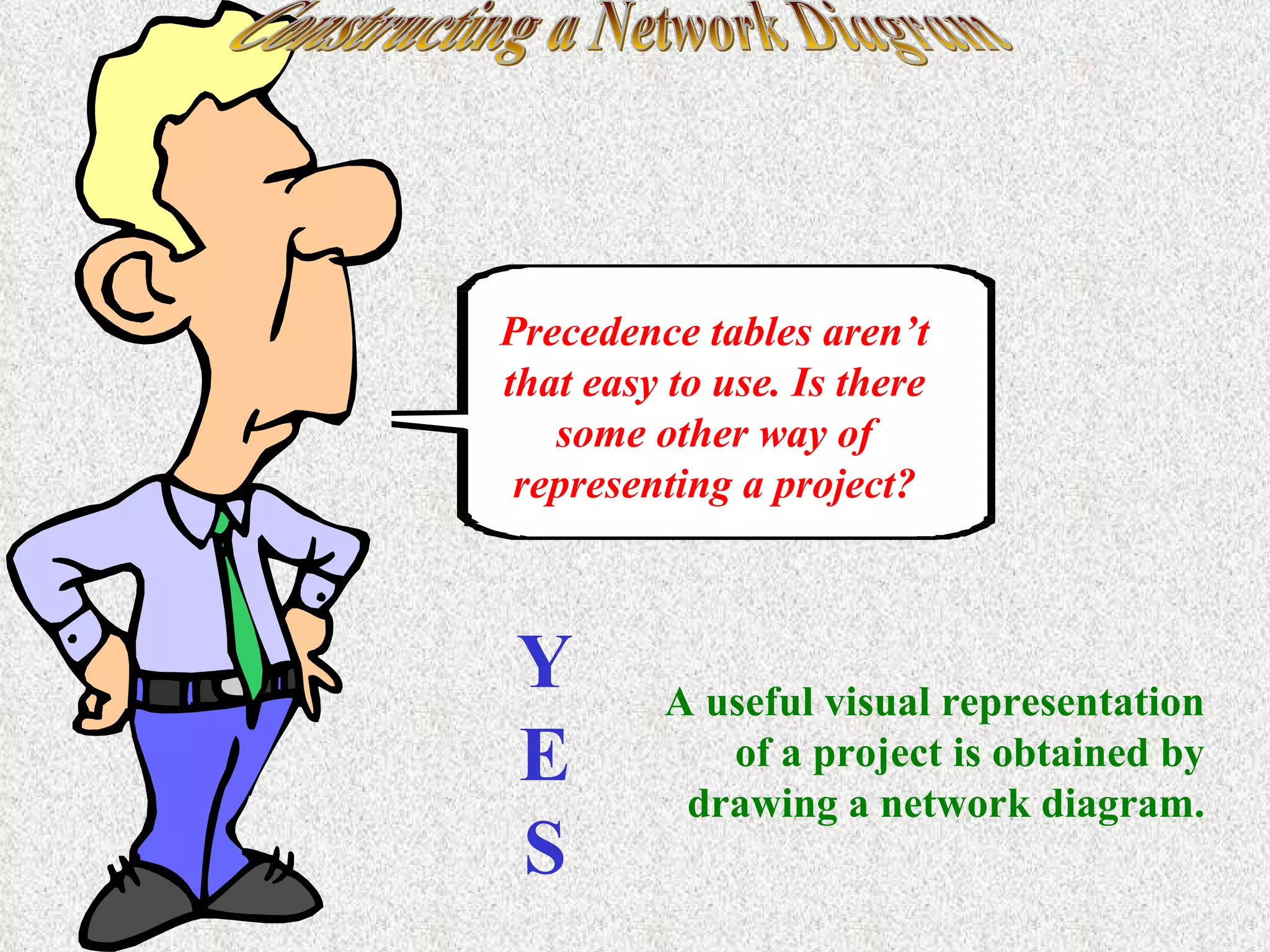 Constructing a Network Diagram Precedence tables aren’t that easy to use. Is there some other way of representing a project? Y E S A useful visual representation of a project is obtained by drawing a network diagram. 
