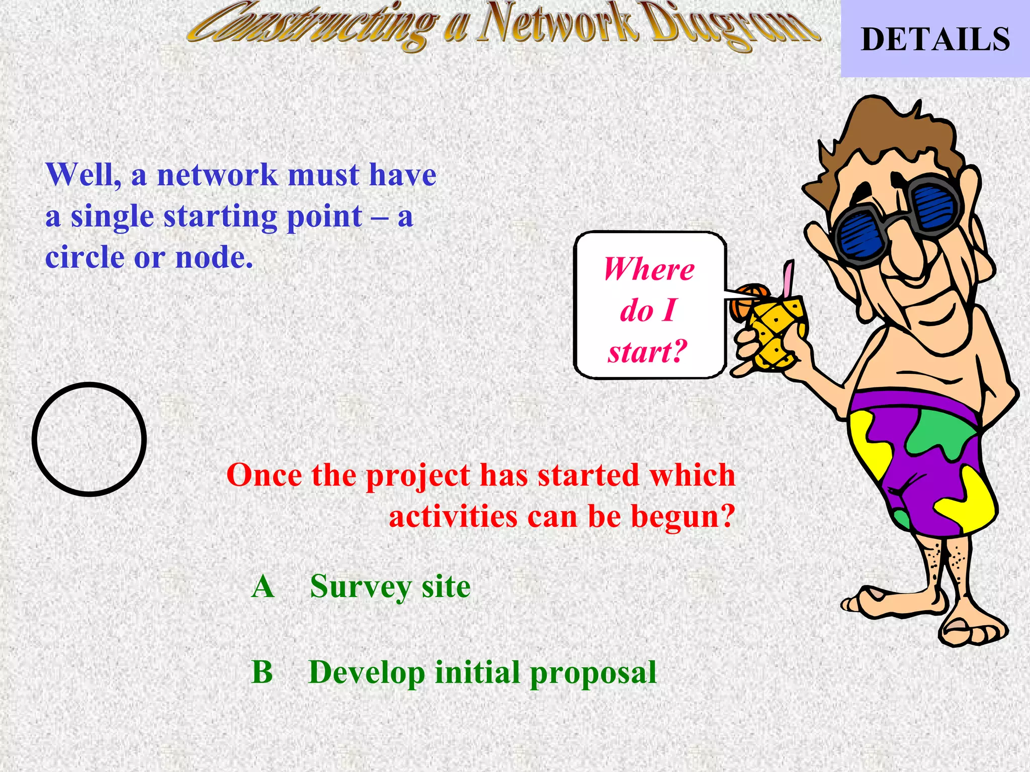 Constructing a Network Diagram Where do I start? Once the project has started which activities can be begun? Well, a network must have a single starting point – a circle or node. A  Survey site B  Develop initial proposal 