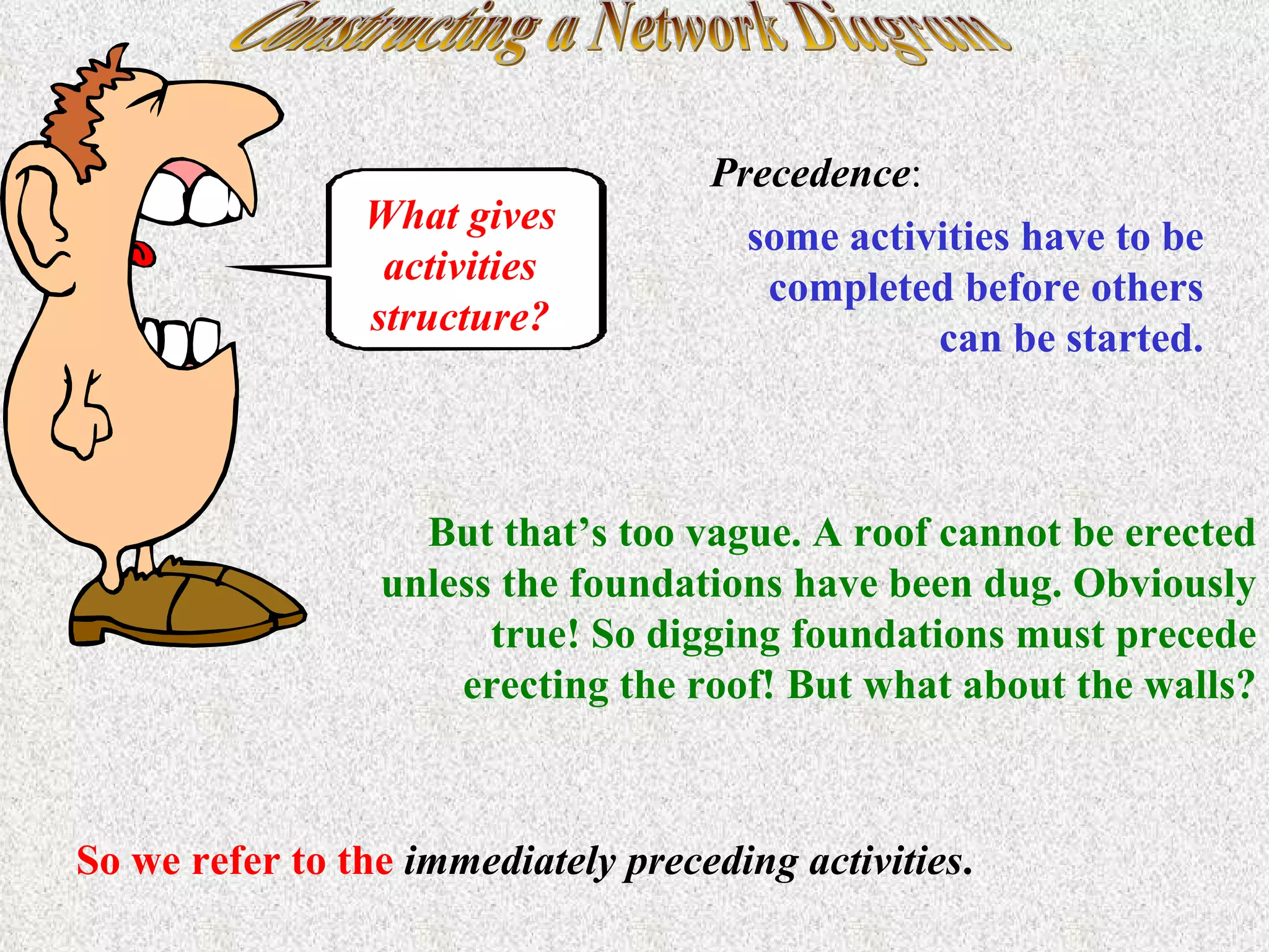 Constructing a Network Diagram What gives activities structure? But that’s too vague. A roof cannot be erected unless the foundations have been dug. Obviously true! So digging foundations must precede erecting the roof! But what about the walls? So we refer to the   immediately preceding activities . Precedence : some activities have to be completed before others can be started. 