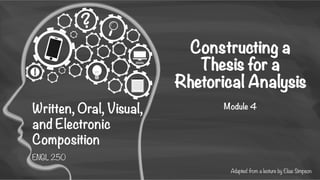 Constructing a
Thesis for a
Rhetorical Analysis
Module 4
Adapted from a lecture by Elias Simpson
 
