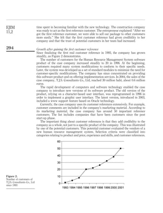 time spent in becoming familiar with the new technology. The construction company 
was ready to act as the first reference customer. The entrepreneur explained: “After we 
got the first reference customer, we were able to sell our package to other customers 
more easily.” She felt that the first customer reference had given credibility to her 
company and that the trust of potential customers in her team had increased. 
Growth after gaining the first customer reference 
Since finalizing the first real customer reference in 1993, the company has grown 
steadily, as Figure 2 demonstrates. 
The number of customers for the Human Resource Management System software 
product of the case company increased steadily to 20 in 1996. At the beginning, 
customers required many system modifications to conform to their specific needs. 
Later, the system was developed as a set of standard modules to minimize the need for 
customer-specific modifications. The company has since concentrated on providing 
this software product and on offering implementation services. In 2004, the sales of the 
case company, T.J.S. Consultants Co., Ltd, reached 30 million baht, about 0.6 million 
euros. 
The rapid development of computers and software technology enabled the case 
company to introduce new versions of its software product. The old version of the 
product, relying on a character-based user interface, was reprogrammed in 1996 in 
order to implement a graphic user interface. The latest version, introduced in 2003, 
included a www support feature based on Oracle technology. 
Currently, the case company uses its customer references extensively. For example, 
customer comments are included in the company’s marketing material. According to 
its marketing material, the case company has around 50 important reference 
customers. The list includes companies that have been customers since the post 
start-up phase. 
The important thing about customer references is that they add credibility to the 
company as a whole, not just to a specific product of the company. This was illustrated 
by one of the potential customers. This potential customer evaluated the vendors of a 
new human resource management system. Selection criteria were classified into 
categories relating to product and price, experience and skills, and customer references. 
EJIM 
11,2 
294 
Figure 2. 
Number of customers of 
T.J.S. Consultants Co., Ltd 
since 1993 
 