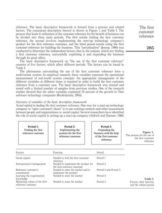 reference. The basic descriptive framework is formed from a process and related 
factors. The conceptual description thereof is shown in Figure 1 and Table I. The 
process that leads to utilization of the customer reference for the benefit of business can 
be divided into three main periods. The first entails finding the first customer 
reference, the second involves implementing the start-up technology company’s 
product for the first reference customer, and the third period entails using the first 
customer reference for building the business. This “periodization” (Jessop, 1990) was 
conducted to determine the independent factors, that is, the outputs, which are: finding 
a first customer reference, successfully exploiting it and expanding the business 
through its good offers. 
The basic descriptive framework on “the use of the first customer reference” 
consists of five factors, which affect different periods. The factors can be found in 
Table I. 
The phenomena surrounding the use of the first customer reference form a 
multivariate system. In empirical research, these variables represent the operational 
measurement of real-world system concepts. An appropriate management of the 
different variables at different times is required in order to build the first customer 
reference from a customer case. The basic descriptive framework was created and 
tested with a limited number of samples from previous studies. One of the research 
studies showed that the select variables explained 70 percent of the growth in Thai 
software technology companies (Ruokolainen, 2004). 
Overview of variables of the basic descriptive framework 
Social capital in finding the first customer reference. One way for a start-up technology 
company to “open customers’ doors” is to use existing contacts and other associations 
between people and organizations i.e. social capital. Several researchers have identified 
the role of social capital in setting up a start-up company (Aldrich and Zimmer, 1986; 
Factors Function Period 
Social capital Needed to find the first customer 
reference 
Period 1 
Entrepreneur’s background Needed to implement the product for 
the first reference customer 
Period 2 
Reference customer’s 
commitment 
Needed to enter the market and to 
implement the product 
Period 2 and Period 3 
Learning the experimental 
knowledge 
Needed to enter the market Period 3 
Marketing values of the first 
reference customer 
Needed to enter the market Period 3 
The first 
customer 
reference 
285 
Figure 1. 
The process for the use of 
the first customer 
reference 
Table I. 
Factors, their function 
and the related period 
 