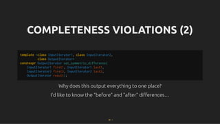 COMPLETENESS VIOLATIONS (2)
COMPLETENESS VIOLATIONS (2)
Why does this output everything to one place?
Why does this output everything to one place?
I'd like to know the "before" and "after" diﬀerences…
I'd like to know the "before" and "after" diﬀerences…
template <class InputIterator1, class InputIterator2,
class OutputIterator>
constexpr OutputIterator set_symmetric_difference(
InputIterator1 first1, InputIterator1 last1,
InputIterator2 first2, InputIterator2 last2,
OutputIterator result);
80 . 1
 
