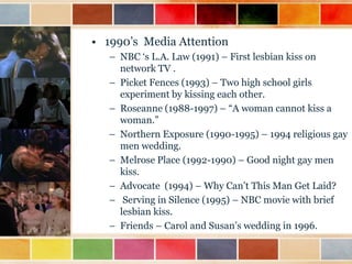 • 1990‟s Media Attention
– NBC „s L.A. Law (1991) – First lesbian kiss on
network TV .
– Picket Fences (1993) – Two high school girls
experiment by kissing each other.
– Roseanne (1988-1997) – “A woman cannot kiss a
woman.”
– Northern Exposure (1990-1995) – 1994 religious gay
men wedding.
– Melrose Place (1992-1990) – Good night gay men
kiss.
– Advocate (1994) – Why Can‟t This Man Get Laid?
– Serving in Silence (1995) – NBC movie with brief
lesbian kiss.
– Friends – Carol and Susan‟s wedding in 1996.

 