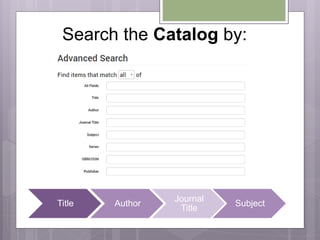 Search the Catalog by:
Title Author
Journal
Title
Subject
 