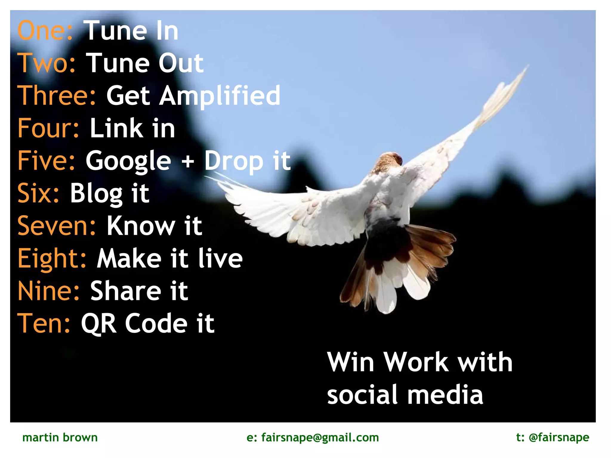One:  Tune In Two:  Tune Out Three:  Get Amplified Four:  Link in Five:  Google + Drop it   Six:  Blog it Seven:  Know it  Eight:  Make it live Nine:  Share it Ten:  QR Code it    Win Work with social media 