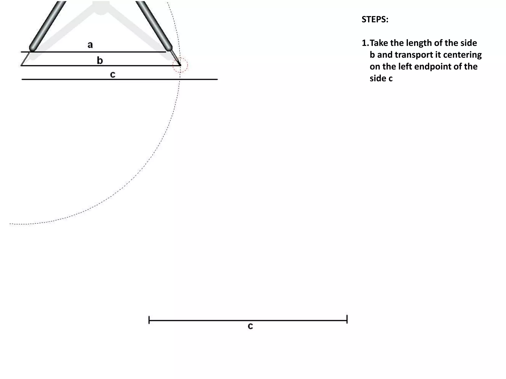 STEPS:
1.Take the length of the side
b and transport it centering
on the left endpoint of the
side c
 