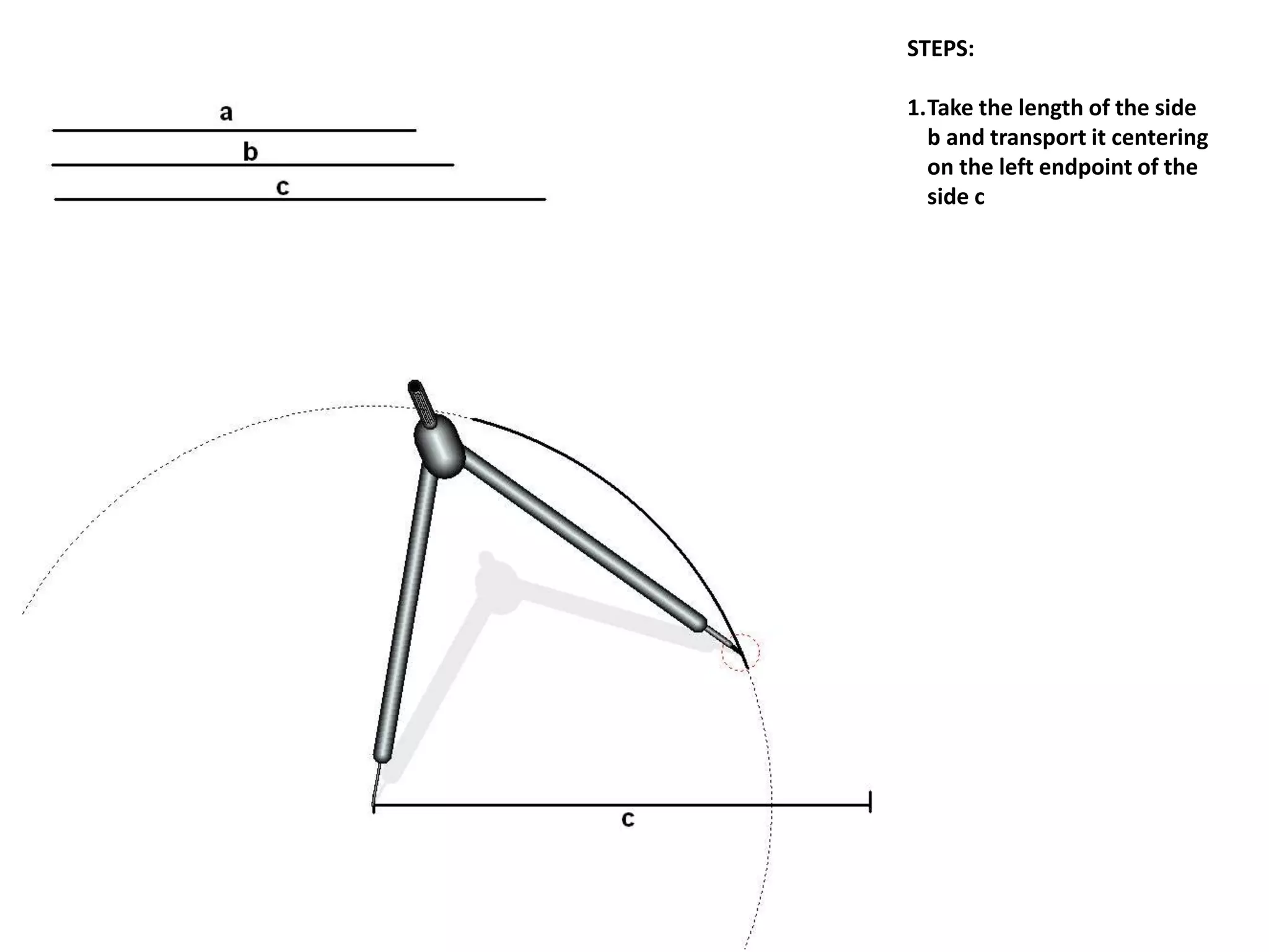 STEPS:
1.Take the length of the side
b and transport it centering
on the left endpoint of the
side c
 