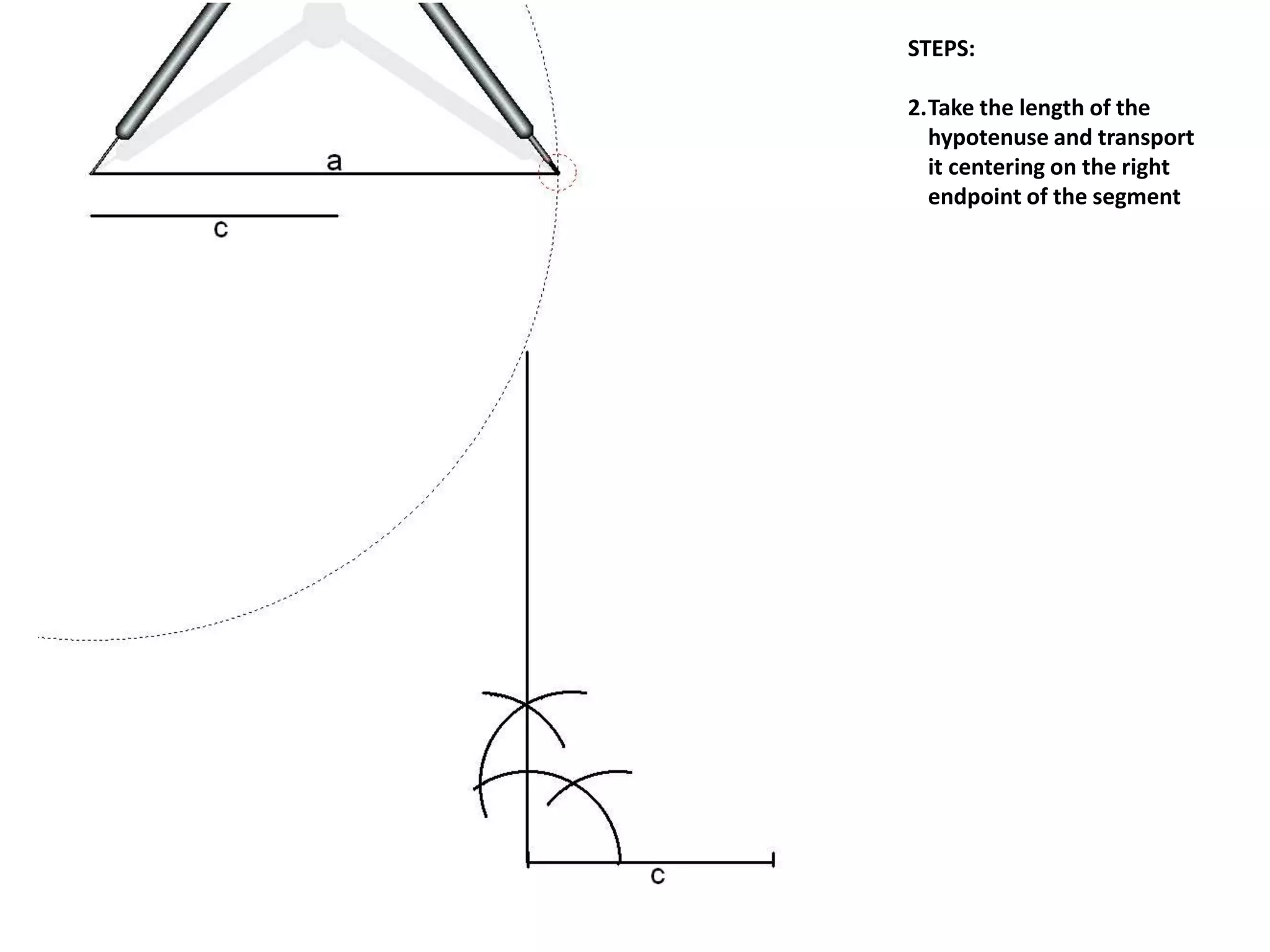 STEPS:
2.Take the length of the
hypotenuse and transport
it centering on the right
endpoint of the segment
 