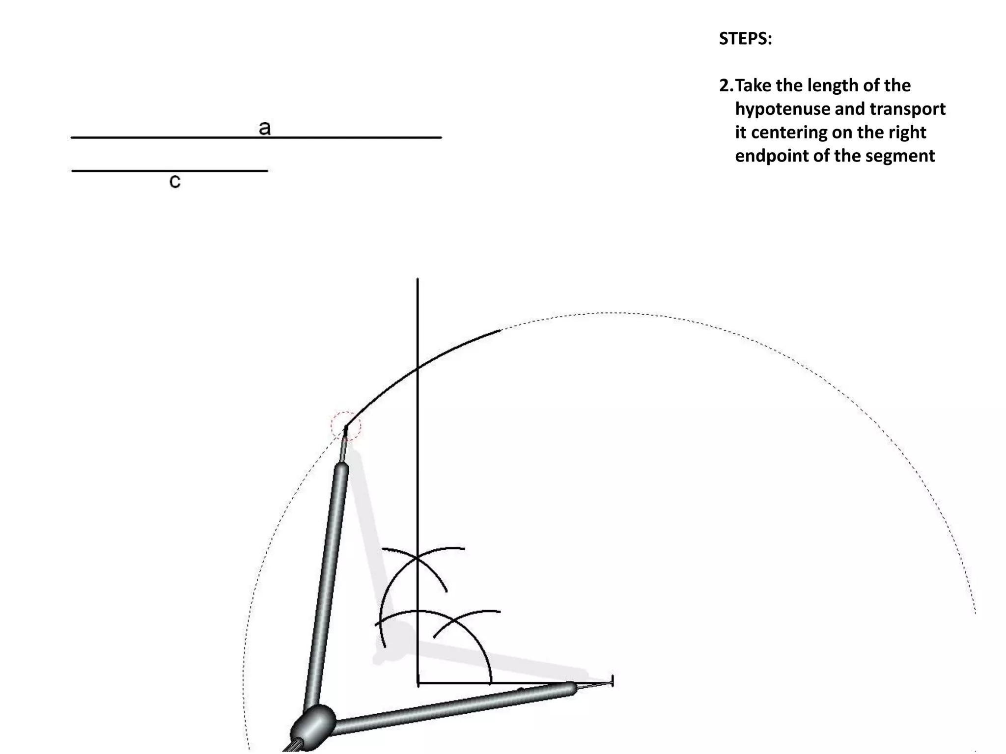 STEPS:
2.Take the length of the
hypotenuse and transport
it centering on the right
endpoint of the segment
 