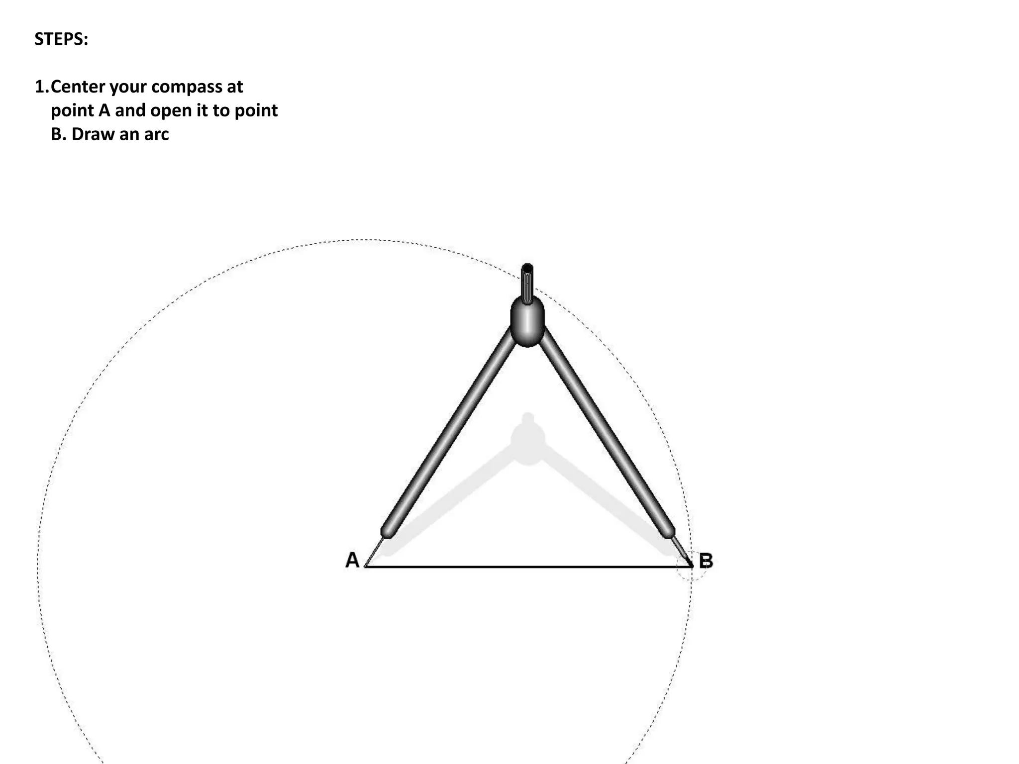 STEPS:
1.Center your compass at
point A and open it to point
B. Draw an arc
 