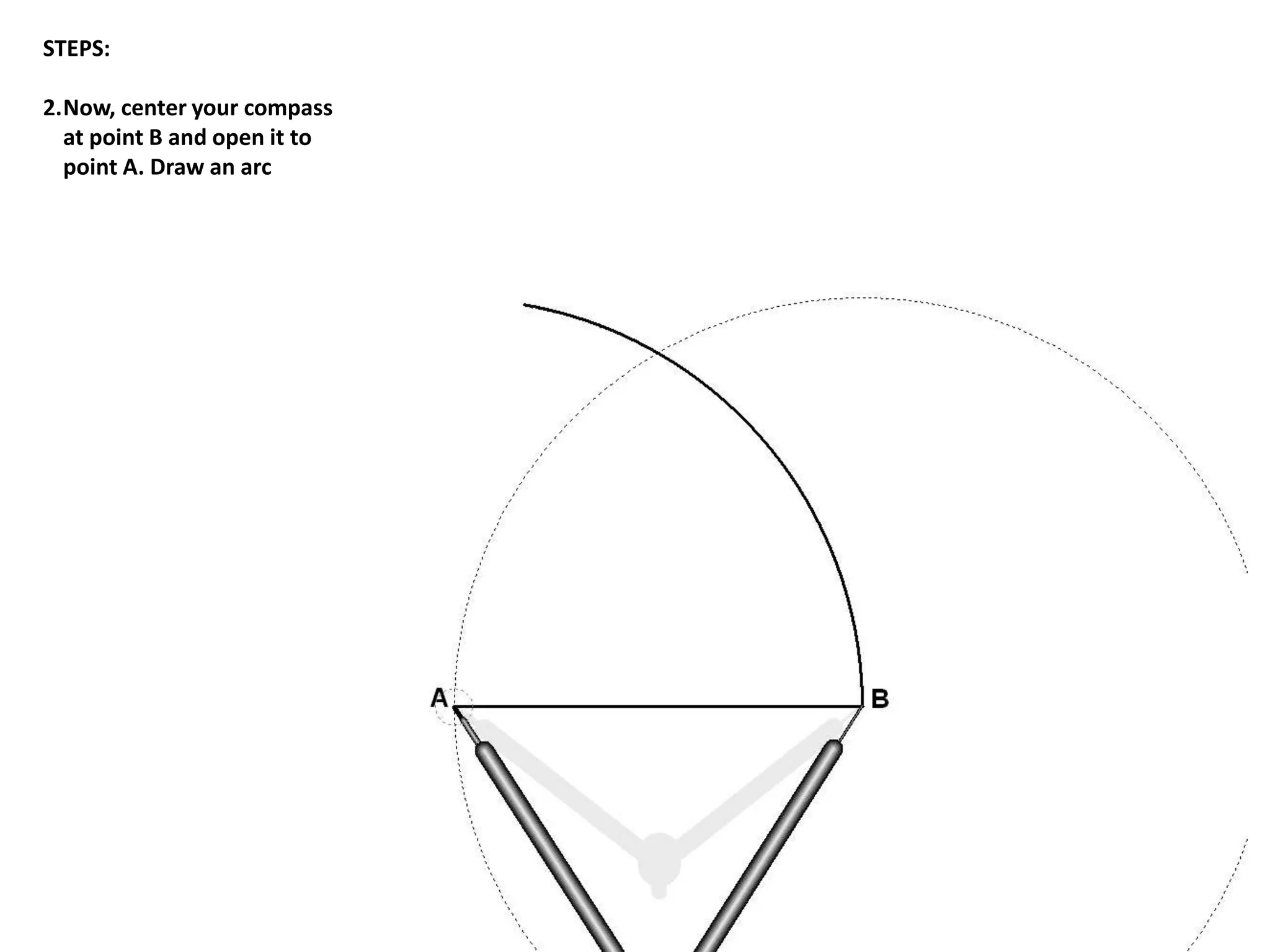 STEPS:
2.Now, center your compass
at point B and open it to
point A. Draw an arc
 