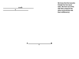 We know that the isosceles
triangle has two equal
sides. We have one of the
side that is equal to the
other (a=b) and the side
that is different (c)
 