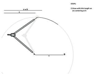 STEPS:
2.Draw with this length an
arc centering at A
 