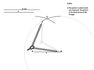 STEPS:
4.The point C is where both
arcs intersect. The point C
is the third vertex of the
triangle
C
 