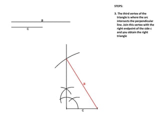 STEPS:
3. The third vertex of the
triangle is where the arc
intersects the perpendicular
line. Join this vertex with the
right endpoint of the side c
and you obtain the right
triangle
 