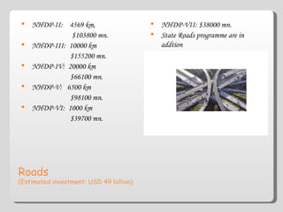 Roads  (Estimated investment: USD 49 billion) NHDP-II:  4569 km,  $103800 mn. NHDP-III:  10000 km $155200 mn. NHDP-IV:  20000 km $66100 mn. NHDP-V:  6500 km $98100 mn. NHDP-VI:  1000 km $39700 mn. NHDP-VII: $38000 mn. State Roads programme are in addtion 