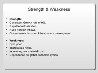 Strength & Weakness Strength: Consistent Growth rate of 9%. Rapid Industrialization. Huge Foreign Inflows. Governments thrust on Infrastructure development. Weakness: Corruption. Interest rate hikes. Increasing raw material cost. Dependence on global economic cycles. 