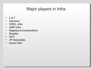 Major players in Infra. L & T Gammon IVRCL infra GMR infra Nagarjuna Constructions Simplex HCC JP Associates Lanco Infra 
