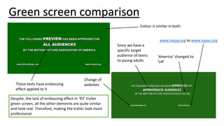 Green screen comparison
Colour is similar in both
‘America’ changed to
‘UK’
www.mpaa.org to www.mpau.org
Change of
websites
Since we have a
specific target
audience of teens
to young adults
These texts have embossing
effect applied to it
Despite, the lack of embossing effect in ‘R3’ trailer
green screen, all the other elements are quite similar
and look real. Therefore, making the trailer look more
professional.
 