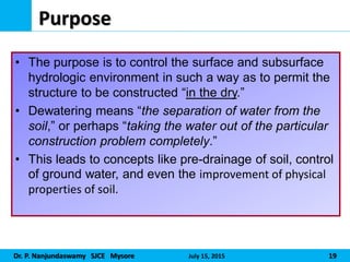 Dr. P. Nanjundaswamy SJCE Mysore July 15, 2015 19
Purpose
• The purpose is to control the surface and subsurface
hydrologic environment in such a way as to permit the
structure to be constructed “in the dry.”
• Dewatering means “the separation of water from the
soil,” or perhaps “taking the water out of the particular
construction problem completely.”
• This leads to concepts like pre-drainage of soil, control
of ground water, and even the improvement of physical
properties of soil.
 