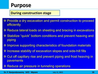 Dr. P. Nanjundaswamy SJCE Mysore July 15, 2015 20
Purpose
During construction stage
 Provide a dry excavation and permit construction to proceed
efficiently
 Reduce lateral loads on sheeting and bracing in excavations
 Stabilize “quick” bottom conditions and prevent heaving and
piping
 Improve supporting characteristics of foundation materials
 Increase stability of excavation slopes and side-hill fills
 Cut off capillary rise and prevent piping and frost heaving in
pavements
 Reduce air pressure in tunneling operations
 