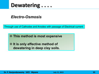 Dr. P. Nanjundaswamy SJCE Mysore July 15, 2015 35
Dewatering . . . .
 This method is most expensive
 It is only effective method of
dewatering in deep clay soils.
Electro-Osmosis
Through use of Cathodes and Anodes with passage of Electrical current
 
