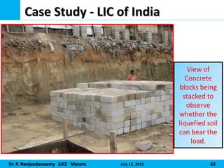 Dr. P. Nanjundaswamy SJCE Mysore July 15, 2015 63
Case Study - LIC of India
View of
Concrete
blocks being
stacked to
observe
whether the
liquefied soil
can bear the
load.
 