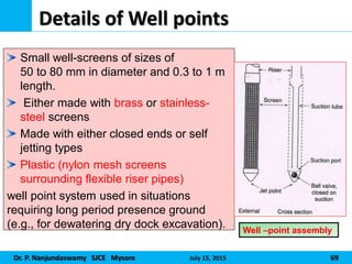 Dr. P. Nanjundaswamy SJCE Mysore July 15, 2015 69
Details of Well points
Small well-screens of sizes of
50 to 80 mm in diameter and 0.3 to 1 m
length.
Either made with brass or stainless-
steel screens
Made with either closed ends or self
jetting types
Plastic (nylon mesh screens
surrounding flexible riser pipes)
well point system used in situations
requiring long period presence ground
(e.g., for dewatering dry dock excavation). Well –point assembly
 