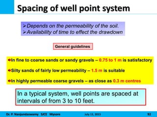 Dr. P. Nanjundaswamy SJCE Mysore July 15, 2015 92
Spacing of well point system
General guidelines
Depends on the permeability of the soil.
Availability of time to effect the drawdown
In fine to coarse sands or sandy gravels – 0.75 to 1 m is satisfactory
Silty sands of fairly low permeability – 1.5 m is suitable
In highly permeable coarse gravels – as close as 0.3 m centres
In a typical system, well points are spaced at
intervals of from 3 to 10 feet.
 