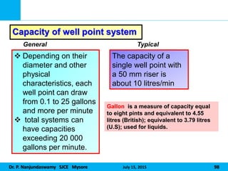 Dr. P. Nanjundaswamy SJCE Mysore July 15, 2015 98
Capacity of well point system
 Depending on their
diameter and other
physical
characteristics, each
well point can draw
from 0.1 to 25 gallons
and more per minute
 total systems can
have capacities
exceeding 20 000
gallons per minute.
General Typical
The capacity of a
single well point with
a 50 mm riser is
about 10 litres/min
Gallon is a measure of capacity equal
to eight pints and equivalent to 4.55
litres (British); equivalent to 3.79 litres
(U.S); used for liquids.
 