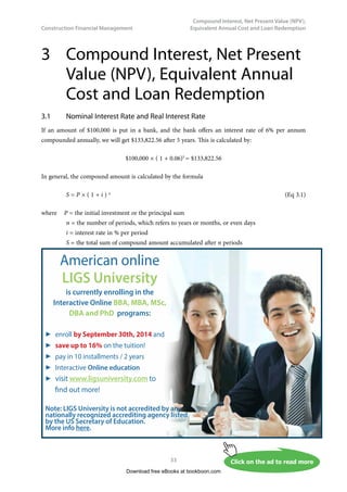 Construction Financial Management
32
Financial Statement Analysis of a Construction Company
h)	 In general, the more debt a company has, the riskier its stockholder is, since debt holders
have first claim to a company’s assets. So if a company becomes bankrupt, there may be very
little left to its stockholders after the company has satisfied its debt holders.
10.	The general manager worries about the long period of average age of accounts receivable (54.69
days is longer than the industry’s norm 45 days). He requests the management to have a better
control on this aspect. His request is understandable especially when there is a sharp rise of 68%
of bad debts in 2012 (see Point 4). In general, the greater the number of days outstanding, the
greater the probability of delinquencies in accounts receivable. Also, the company is indirectly
extending interest-free loans to its clients by maintaining accounts receivable. Therefore, it is
correct for the general manager to ask the management to review its credit policies in order
to ensure the timely collection of imparted credit.
11.	The general manager is delighted with the efficacy of the inventory management as the average
age of material inventory is 16 days for 2012 and 17 days for 2011, which are well within the
industry’s norm – a maximum of 30 days. An efficient manager has to balance the fund tied
up in inventory as well as meeting the needs of the projects in hand. For on the other hand,
over aggressiveness in reducing the age of inventory may cause out of stock issues.
12.	Although the average age of accounts payable is higher than the normal practice 45 days, the
general manager is not concerned about it at all. His philosophy is that the longer the payable
days, the company will have more cash available in hand. However, on the other hand, he
should not ignore building good relationship with his vendors. In fact, he needs the support
and contribution from vendors from time to time to run his business efficiently and effectively.
Moreover, the company can earn cash discount on timely payment as well as more favorable
buying contracts from vendors, and there are both tangible and intangible benefits.
Exercise Questions for Chapter 2
Exercise Question 1
Base on the Income Statement and the Balance Sheet shown on Tables 2.1 and 2.2 respectively in
Chapter 2. Calculate:
a)	 the three Profitability Ratios,
b)	 the three Liquidity Ratios,
c)	 the three Working Capital Ratios,
d)	 the two Capital Structure Ratios, and
e)	 the seven Activity Ratios.
Exercise Question 2
By referring to the ratios calculated in Exercise Question 1 above, are there any things you would like
to add to Section 2.2 of the chapter to remind the new general manager that he has missed but should
have considered?
Download free eBooks at bookboon.com
 