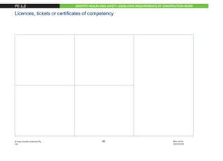 IDENTIFY HEALTH AND SAFETY LEGISLATIVE REQUIREMENTS OF CONSTRUCTION WORK
Dogging, rigging, scaffolding
(over 4 metres)
Forklift trucks Elevating work platforms
(boom length 11 metres or more)
Cranes Pressure equipment
Licences, tickets or certificates of competency
Some tasks will require you to hold a current licence, certificate or other qualification. Here are some examples:
• Licences issued under the National Standard for Licensing Persons Performing High Risk work suchas:
PC 1.2
26
© Easy Guides Australia Pty.
Ltd.
May not be
reproduced
 