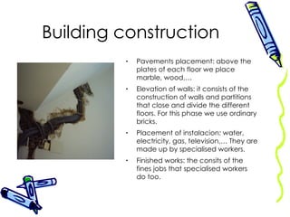 Building construction Pavements placement: above the plates of each floor we place marble, wood,… Elevation of walls: it consists of the construction of walls and partitions that close and divide the different floors. For this phase we use ordinary bricks. Placement of instalacion: water, electricity, gas, television,… They are made up by specialised workers. Finished works: the consits of the fines jobs that specialised workers do too. 