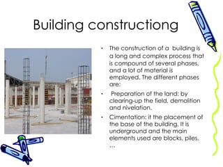 Building constructiong The construction of a  building is a long and complex process   that is compound of several phases, and a lot of material is employed. The different phases are:  Preparation of the land: by clearing-up the field, demolition and nivelation. Cimentation: it the placement of the base of the building. It is underground and the main elements used are blocks, piles,… 