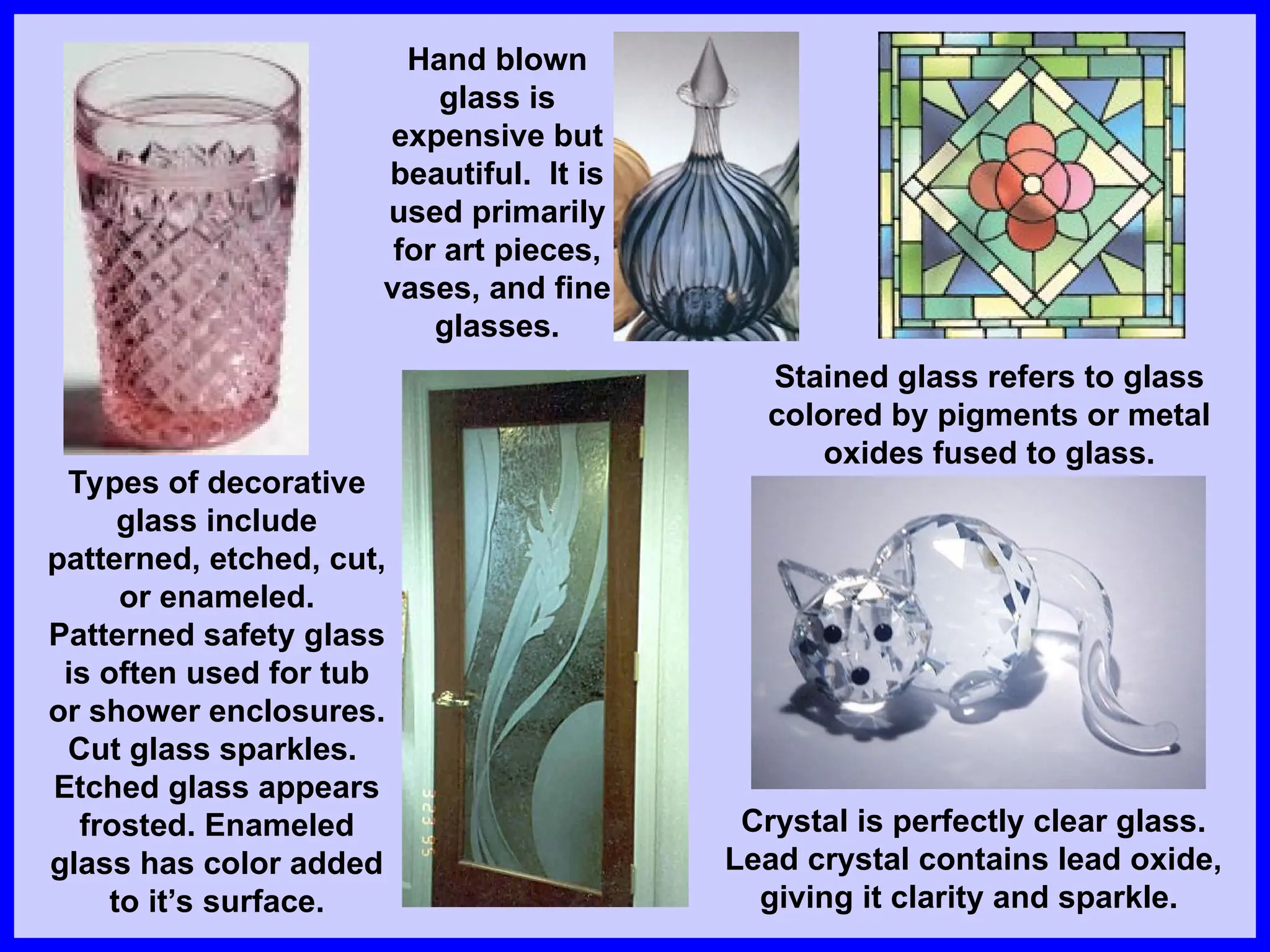 Types of decorative
glass include
patterned, etched, cut,
or enameled.
Patterned safety glass
is often used for tub
or shower enclosures.
Cut glass sparkles.
Etched glass appears
frosted. Enameled
glass has color added
to it’s surface.
Hand blown
glass is
expensive but
beautiful. It is
used primarily
for art pieces,
vases, and fine
glasses.
Stained glass refers to glass
colored by pigments or metal
oxides fused to glass.
Crystal is perfectly clear glass.
Lead crystal contains lead oxide,
giving it clarity and sparkle.
 