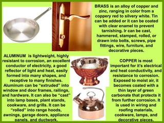 ALUMINUM is lightweight, highly
resistant to corrosion, an excellent
conductor of electricity, a good
reflector of light and heat, easily
formed into many shapes, and
receptive to many finishes.
Aluminum can be “extruded” into
window and door frames, railings,
and hardware. It can also be “cast”
into lamp bases, plant stands,
cookware, and grills. It can be
“rolled” into range hoods,
awnings, garage doors, appliance
panels, and ductwork.
COPPER is most
important for it’s electrical
and heat conductivity, and
resistance to corrosion.
Exposed to moist air, it
becomes coated with a
thin layer of green
carbonate that protects it
from further corrosion. It
is used in wiring and
roofing materials,
cookware, lamps, and
decorative pieces.
BRASS is an alloy of copper and
zinc, ranging in color from a
coppery red to silvery white. Tin
can be added or it can be coated
with clear enamel to prevent
tarnishing. Ir can be cast,
hammered, stamped, rolled, or
drawn into bolts, screws, pipe
fittings, wire, furniture, and
decorative pieces.
 