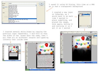I created a new layer on InDesign, as I would have to do each time I wanted to place something, and placed the image, once again, moving it and resizing it so I got it as I wanted  I saved it using OS Dialog, this time as a PNG as it had a transparent background I created several white boxes by copying the previous layer repeatedly. I did this so that the width of the  boxes were the same, then I put them all at different lengths and typed my contents text inside them 